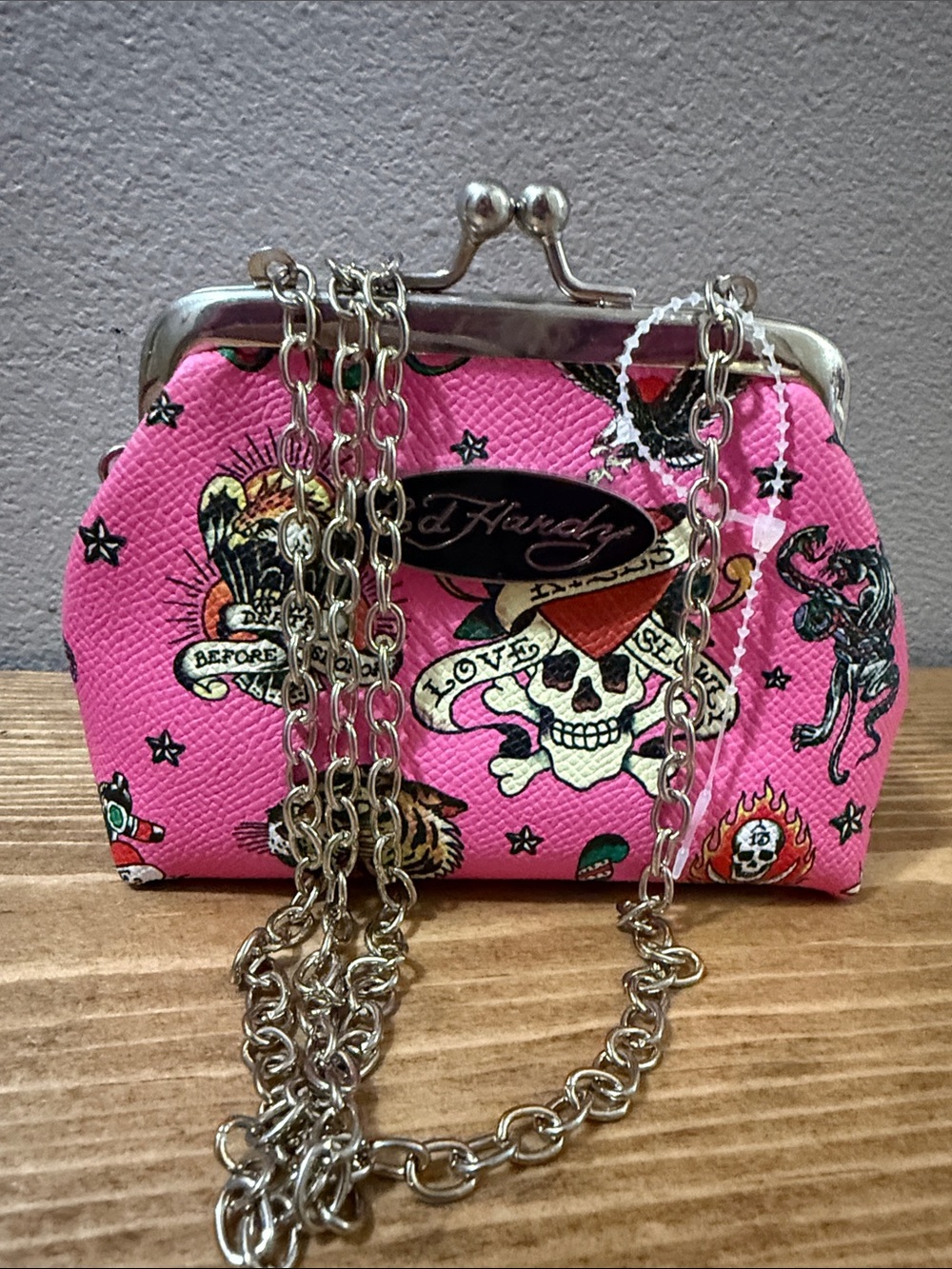 Ed Hardy Pink Tattoo-Print Kiss-Lock Wristlet with Chain